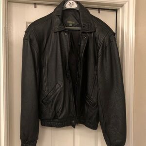 Men's Black Leather Bomber Jacket.